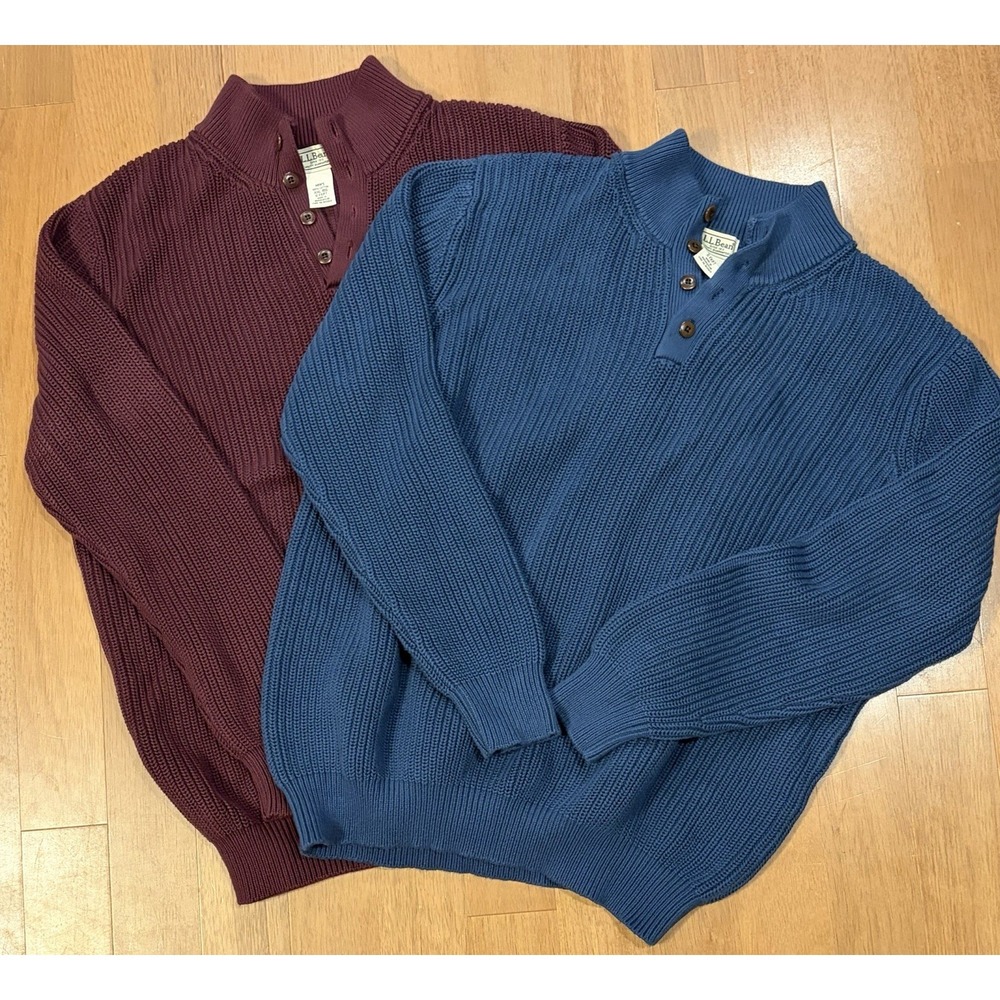 Lot Of (2) LL Bean Mock Neck Henley Sweater Blue Maroon Chunky Knit O FKP7 XXL